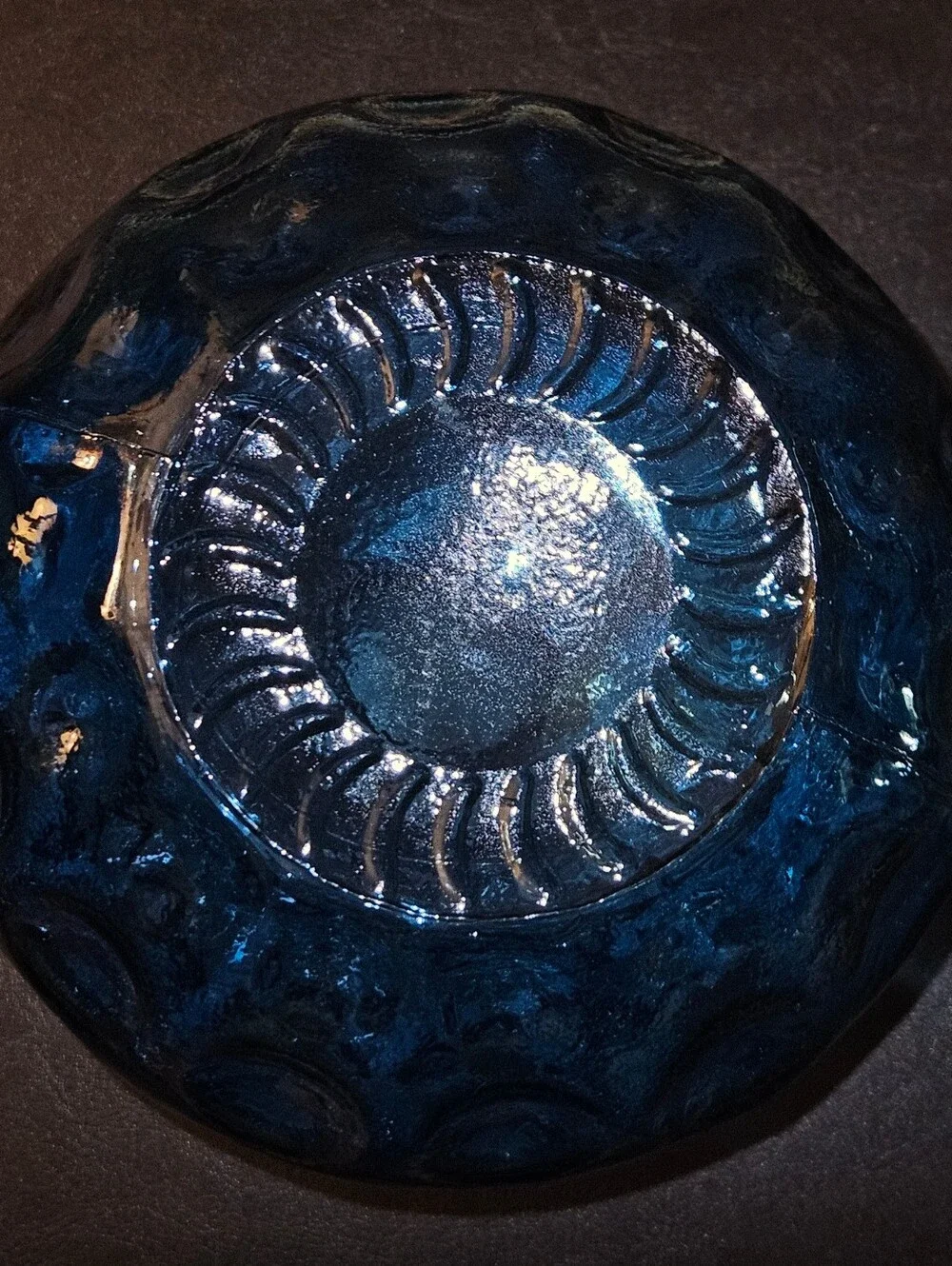 Vintage Sapphire Blue Thumb Print Glass Round Flower Vase